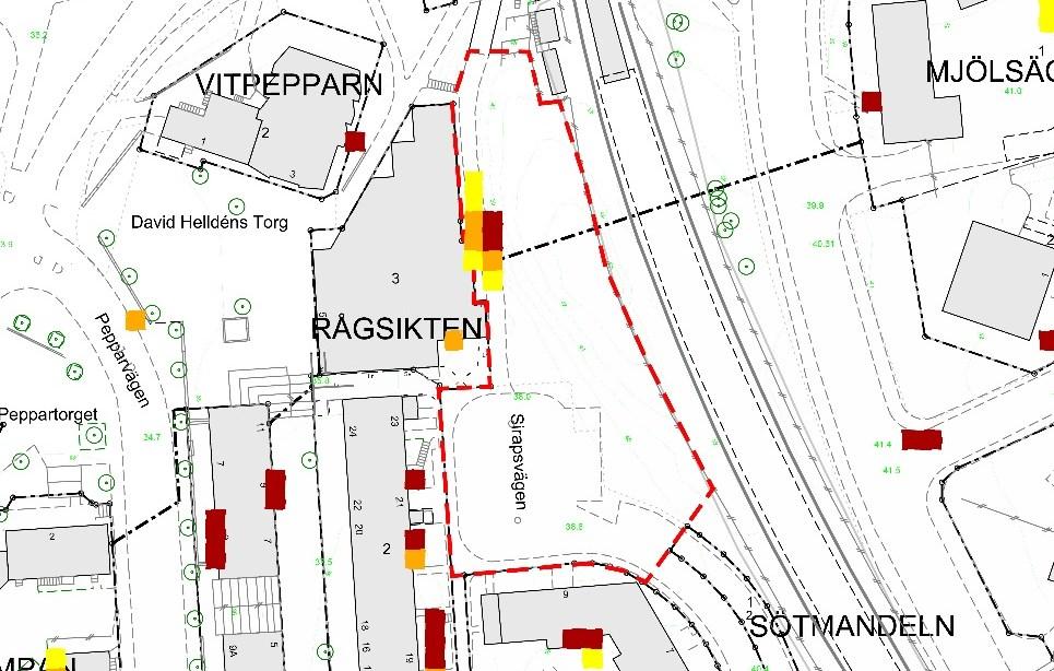 Sida 25 (34) Skyfallskarta som visar sannolika punkter där vatten ansamlas. Sannolikheten är högst i de röda punkterna.