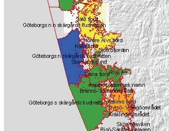 (figur 37). Området utanför Göteborg i anslutning till Göta älv som är gulmarkerade i figur 37 är inte speciellt övergödningskänsligt men visar tecken på påverkan p.g.a. den stora näringstillförseln.