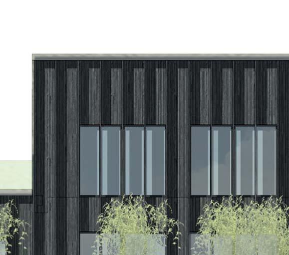 Fasad Mörk träfasad där träpanelen skiftas i riktning eller bredd vilket skapar variation. Träribbor skapar relief och skuggverkan.