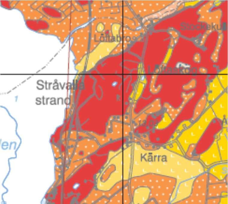 Figur 1. Jordartskarta t.v. (berg = röda områden, friktionsjord = orange, lera = gult). Jorddjupskarta t.h. varmare toner motsvarar större djup. Källa SGU:s kartgenerator.