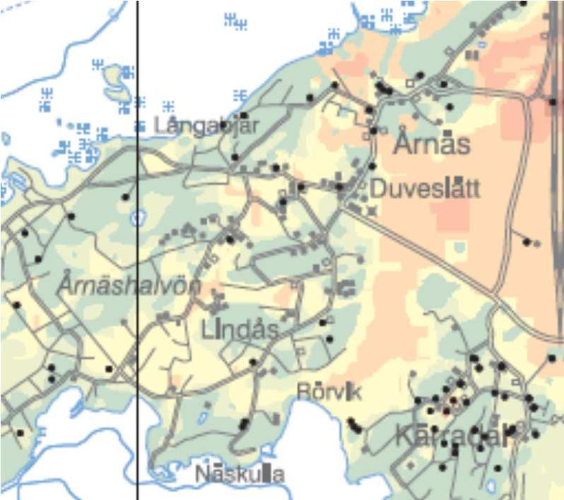 I öster finns ett lite större sammanhängande lerområde, här tilltar jordlagrens mäktighet som i utvecklingsområdets östra del kan överstiga 10 m enligt SGU:s jorddjupskarta.