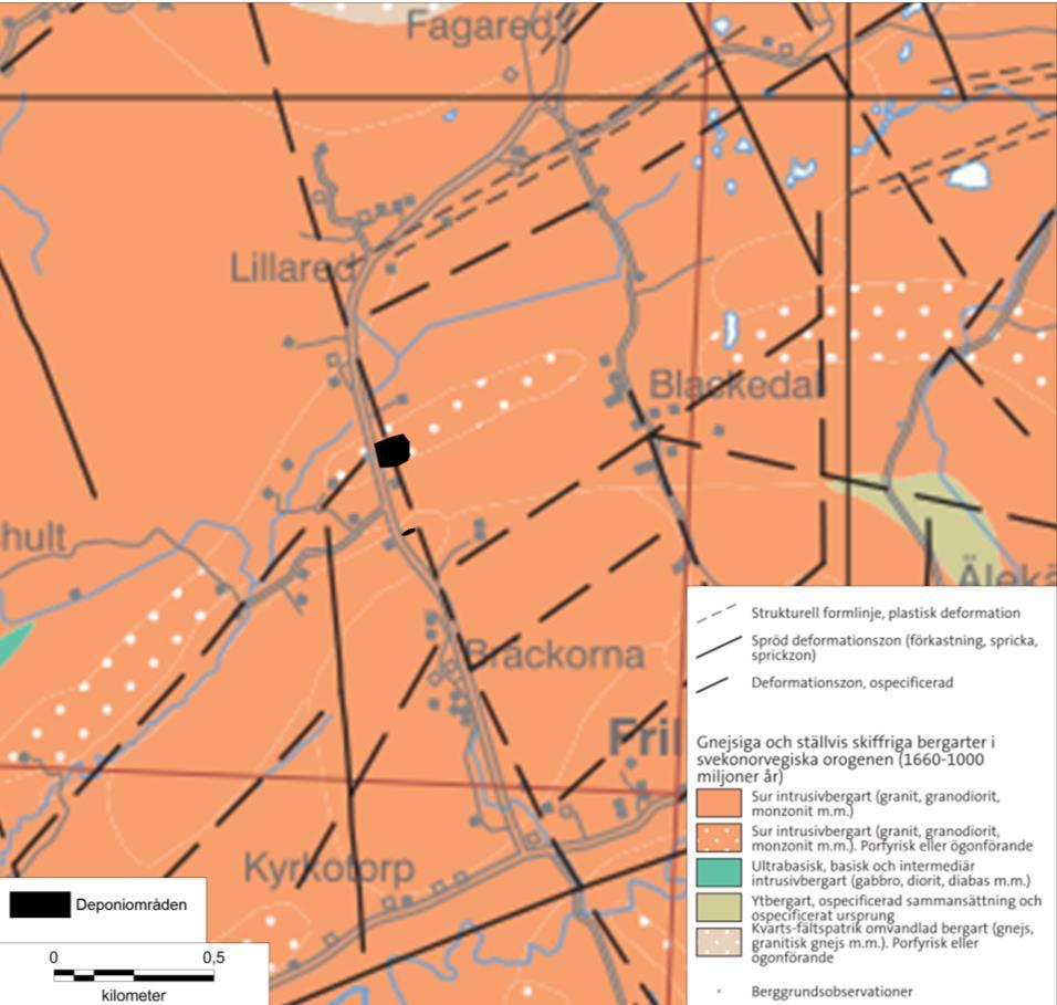 7 (12) 3.2 Bergarter Berggrunden i området där deponierna ligger utgörs av en sur intrusiv bergart som vanligen består av granit, se Figur 3.