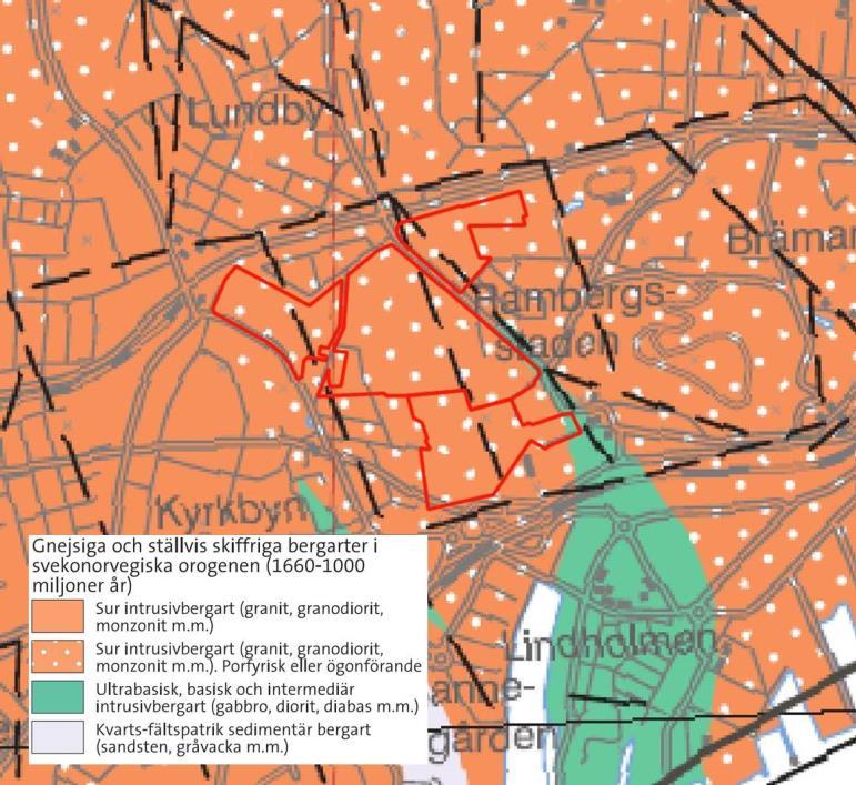 Figur 3 Berggrundsgeologisk karta. Detaljplaneområde markerat med röda polygoner. Kartunderlag från www.sgu.se.