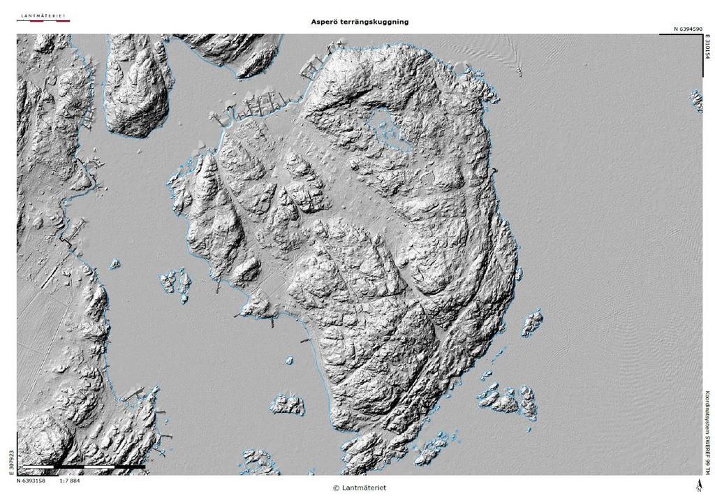MUR/BERG- & GEOTEKNIK Figur 3-2. Terrängskuggning över Asperö, från Lantmäteriet 2017-01-17.