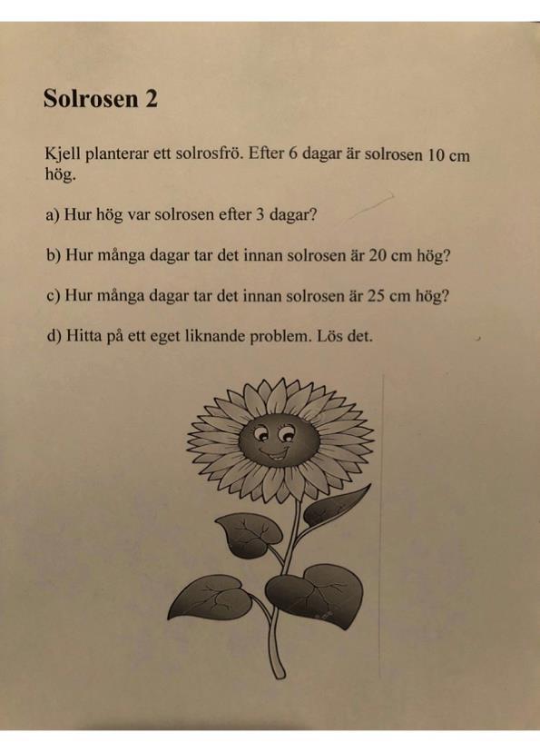 L2 använde sig av problemlösningsuppgiften nedan (se bild 1). L2 började med att gå igenom begreppen hälften, dubbelt, hög och lång. Eleverna fick räcka upp handen om de visste svaret.