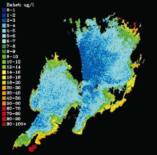 12 Satelliter mäter Vänerns växtplankton Bilden visar klorofyllkoncentrationer i Vänern den 27 juni 21.