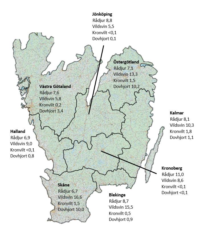 Avskjutning klövvilt (ej älg) i Region Syd 2017/ 2018 Det är stor variation i klövviltsavskjutningen mellan länen i region syd.