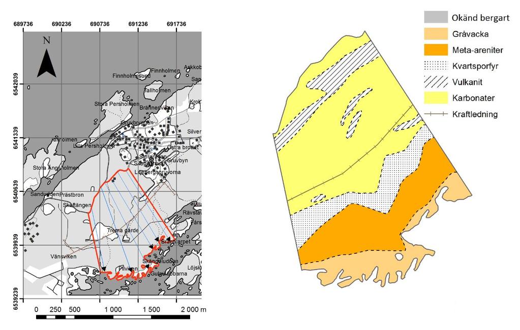 Berggrund markerad med grå färg Figur 2 visar det utvalda områdets geologi. Den röda inramningen visar områdets gräns.