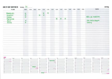 91 2478 19 Out of office Whiteboardtavla att använda för att notera personal som är utanför