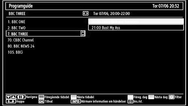 OK (alternativ): visar/spelar in eller ställer in timer för framtida program. INFO (händelsedetaljer): Visar programmen i detalj.