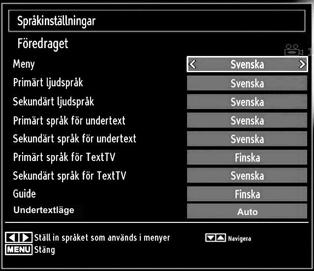 Språkinställningar Efter att ha angivit rätt PIN-kod kommer menyn för föräldrainställningar att visas: Markera rubriken Språkinställningar (Language Settings) i Konfigurationsmenyn (configuration