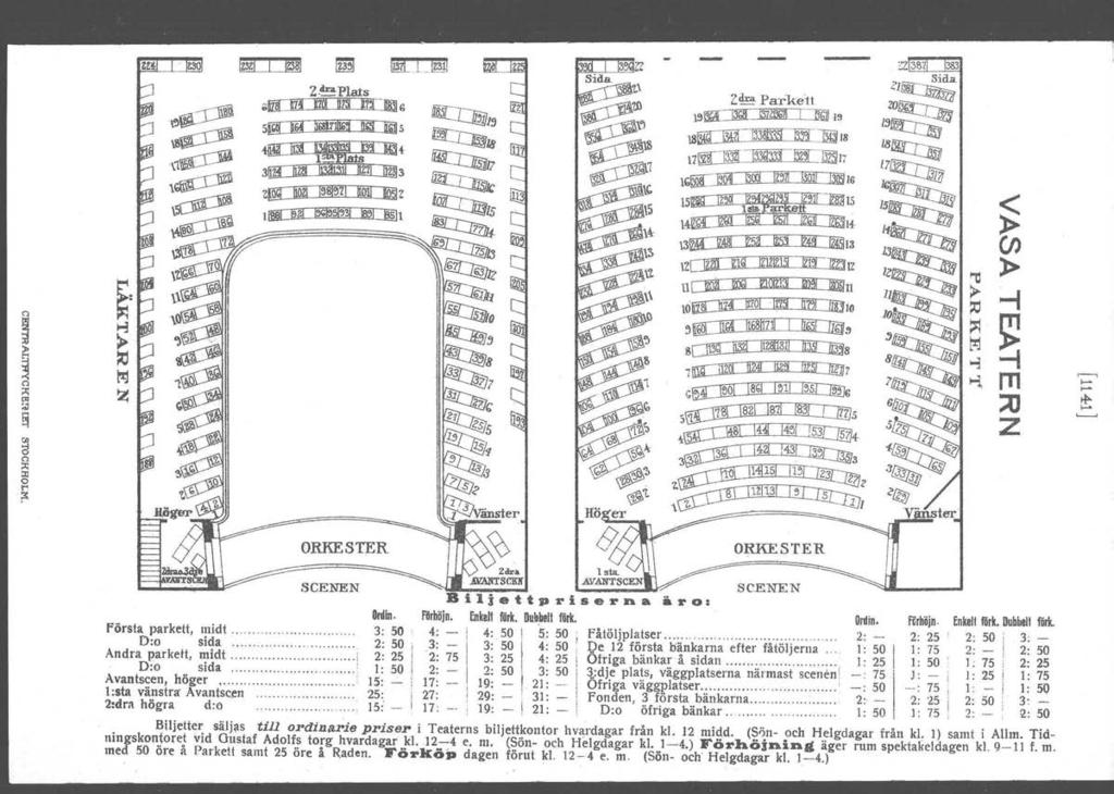 ORKESTER 2drll AIWlTSCKN 1 sta. AVANTSCEN SCENEN SCENEN Biljettpriserna äro. Ordin. fllrhöjn. Enkelt förk. Dubbelt förk. Drdin. förhöjn. Enkelt förk. Dubbelt fork. första parkett, midt.