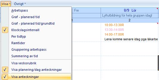 Visa anteckning Två inställningar har tillkommit under Visa i planeringen.