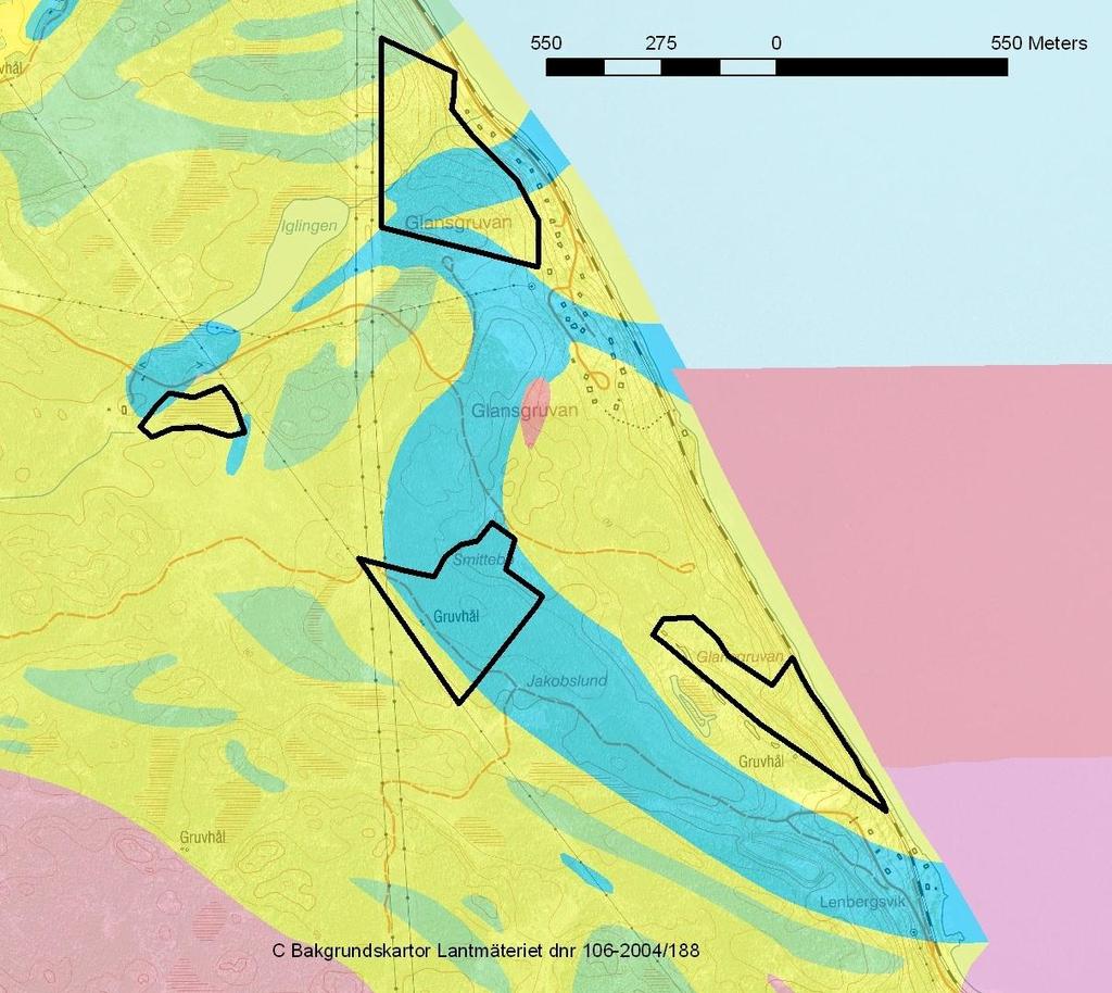 Kartan visar ett utsnitt från SGU:s digitala berggrundskarta där den blå färgen markerar