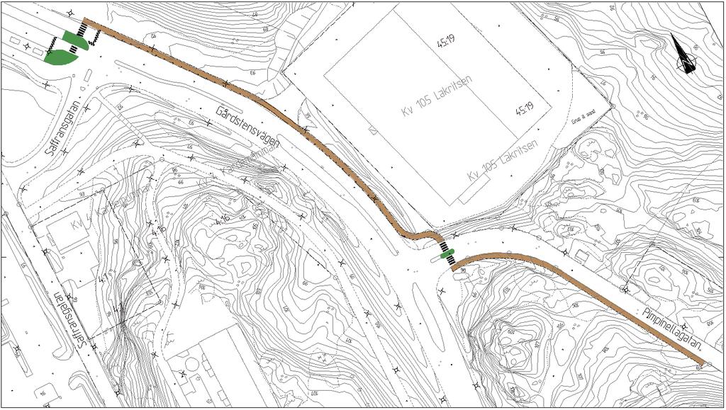 5 Trafikförslag Trafikförslaget innebär att en ny gångbana, cirka 300 meter lång exklusive gångpassager, med bredd 2 meter anläggs på Pimpinellagatans västra sida från det ungefärliga läget på