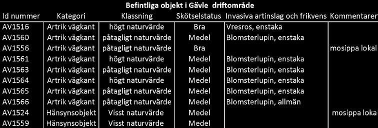 I Gävle driftområde återinventerades totalt 19 objekt. Nio objekt togs bort som artrika, 2 objekt degraderades till hänsynsobjekt och 8 objekt bedömdes som fortsatt artrika.