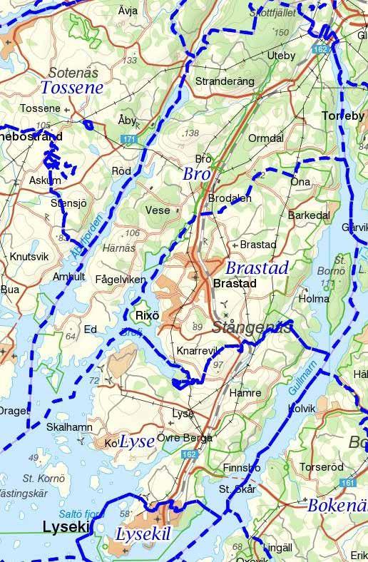 Fig. 2. Bro socken ligger på norra delen av Stångenäs. Den sträcker sig från Skottfjället i norr till den yttersta spetsen av Härnäset i söder. Karta från FMIS.