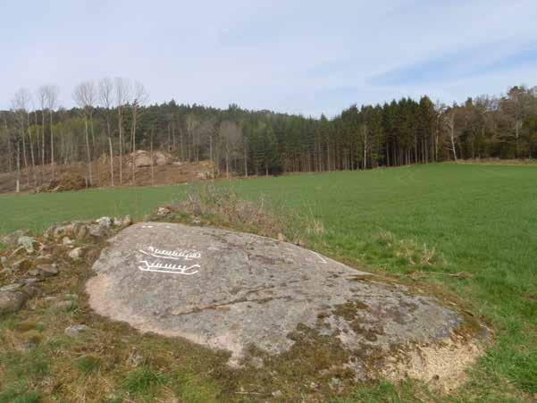 l, med fyra ben. Fragmentet är bågformat, 10 cm l. Belägen på S-sluttande, vittrad häll. Orientering: 19 m VNV om åkerkant och 4 m N om åkerkant.