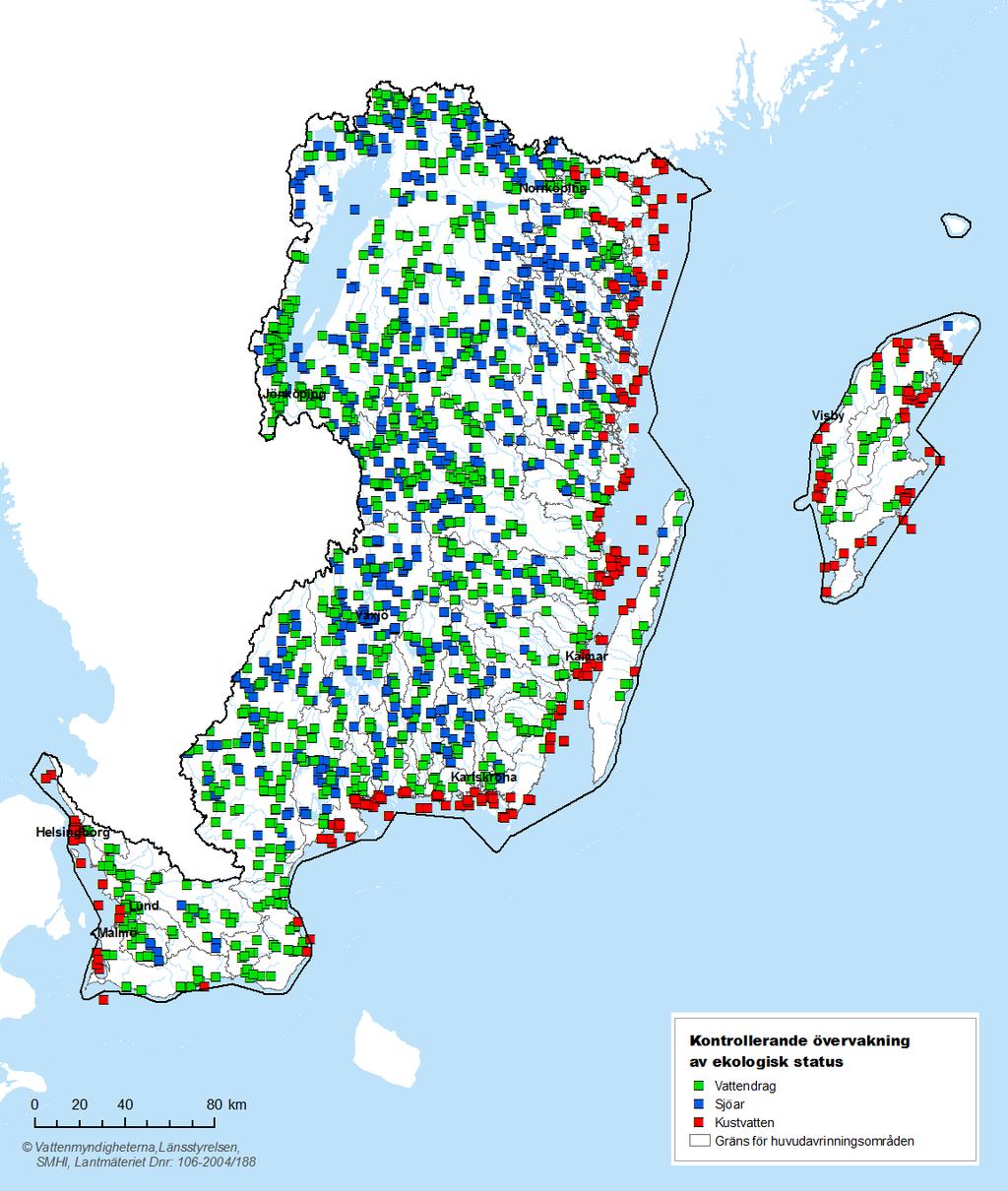 Karta 3.4. Kontrollerande övervakning av ekologisk status i Södra Östersjöns vattendistrikt, per ytvattenkategori.