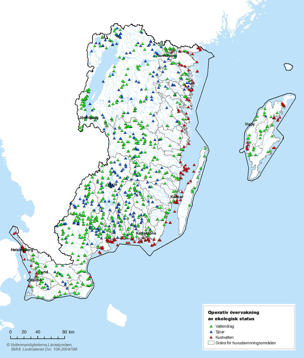 Karta 3.6. Operativ övervakning av ekologisk status i Södra Östersjöns vattendistrikt, per vattenkategori.