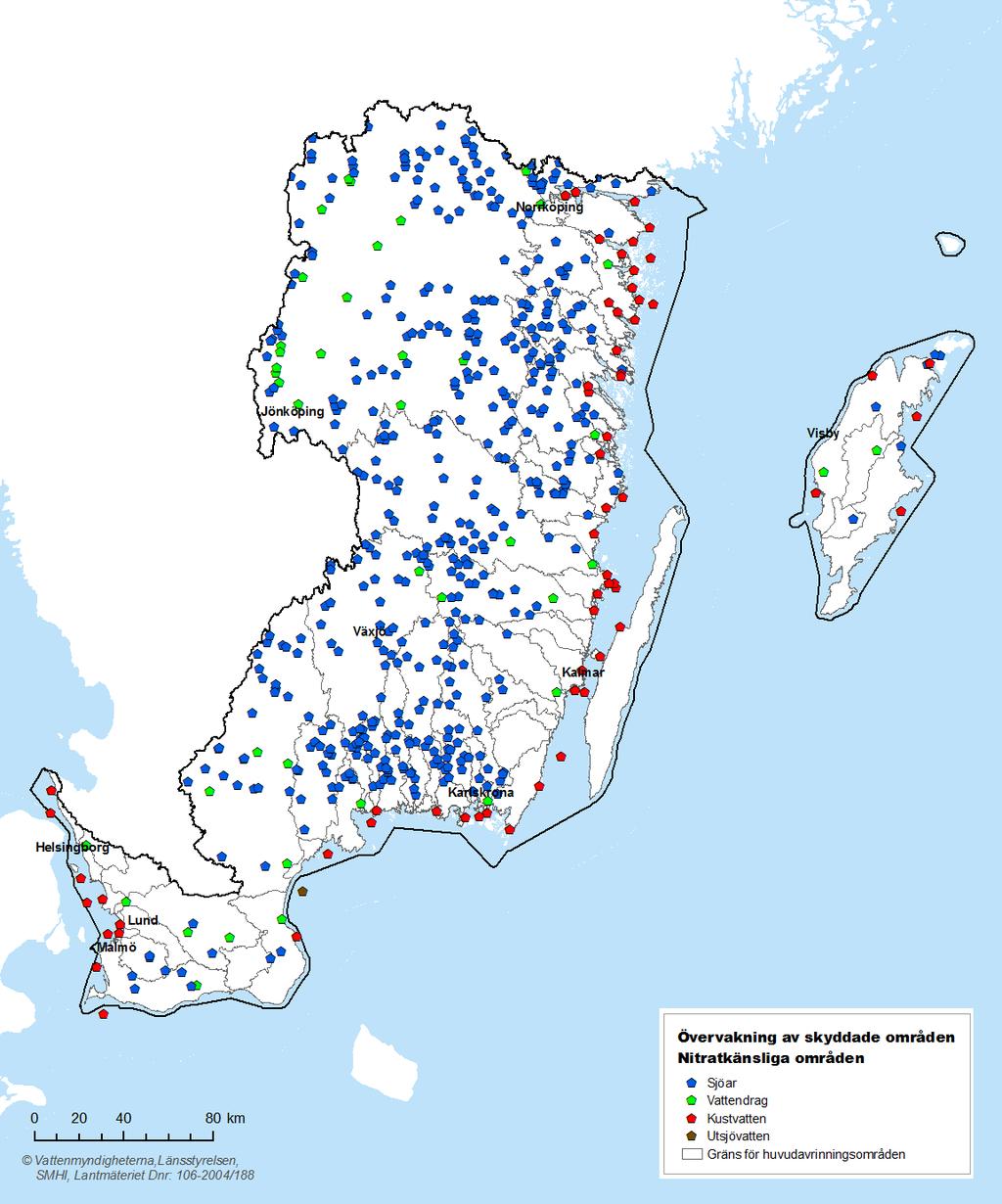 Karta 3.8. Övervakning av nitratkänsliga områden Södra Östersjöns vattendistrikt.
