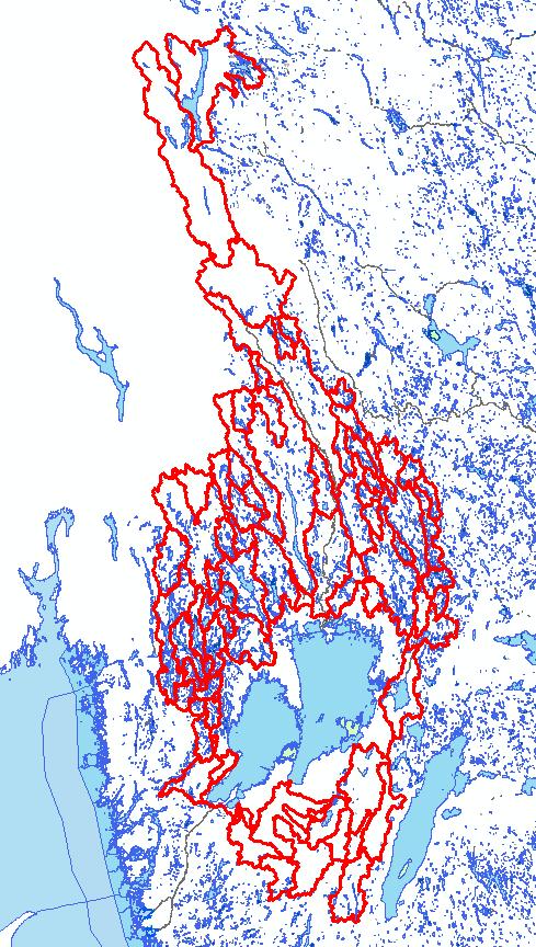 Figur 7. Delavrinningsområden i HBV-modellen som har använts i studien. I denna studie har samma HBV-modell som sattes upp åt Vattenfall 2016 använts.