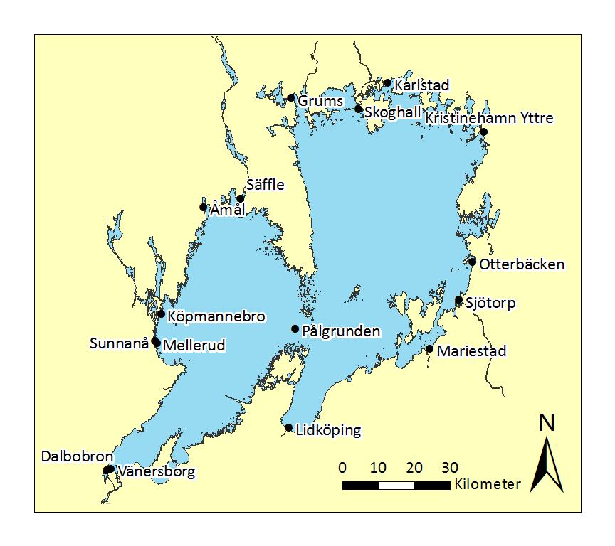 Beräkningar har gjorts för ett antal orter runt Vänern (Figur 8).