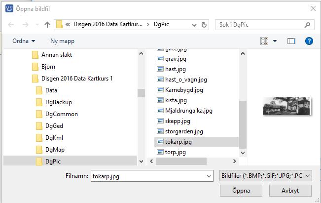 Datamappens mapp DgPic (och undermappar till denna) skall användas för alla bilder i Disgen, både för personer