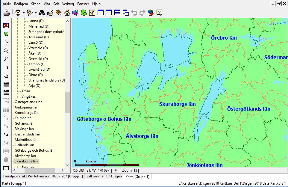 16 Kartfunktionen i Disgen 2018, Studiehandledning Del 1 Grundkartan Här skall du stifta närmare kontakt med kartfönstret och dess innehåll.