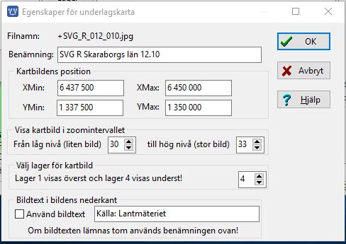 Ändra zoomgränser och lager för en karta I dialogen för Val av Underlagskartor kan du efter kartbladets benämning inom parentes se vilka zoomnivåer kartan har, i vilket lager kartan är placerad och