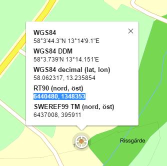 Dra den ringen till vår hussymbol i Rissgärde och släpp knappen. Nu ser du torpets läge i flera olika koordinatsystem.