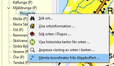 Med koordinaterna liggande i klippbufferten (detta syns ingenstans) öppnar du nu Disgenkartans ortpanel och markerar