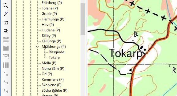 38 Kartfunktionen i Disgen 2018, Studiehandledning Del 1 Hitta koordinater med underlagskarta. Det finns ett annat sätt att placera en ort rätt på kartan. Vi tar nu exemplet Tokarp. 1. Placera kartan så att du tydligt ser symbolen för Tokarp i underlagskartan.