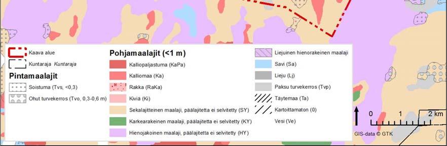 På upphöjda områden är jordlagret på många ställen under en meter tjockt, och på ett vidsträckt område finns berg i dagen. Sättningar i terrängen är täckta av ett tunt torvlager.