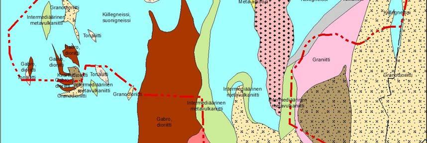 Det finns mindre områden med gabbro samt sur och intermediär vulkanit och metavulkanit (Bild 51). Dessa stenarter är vanliga i detta område, liksom i Finland överlag.