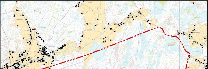OX2 Wind Finland Oy 26.8.2014 125 (148) 5.12.3 Konsekvenser Bilda 59. Fasta bostäder och fritidsbostäder i närheten av projektområdet (källa: Terrängdatabasen).