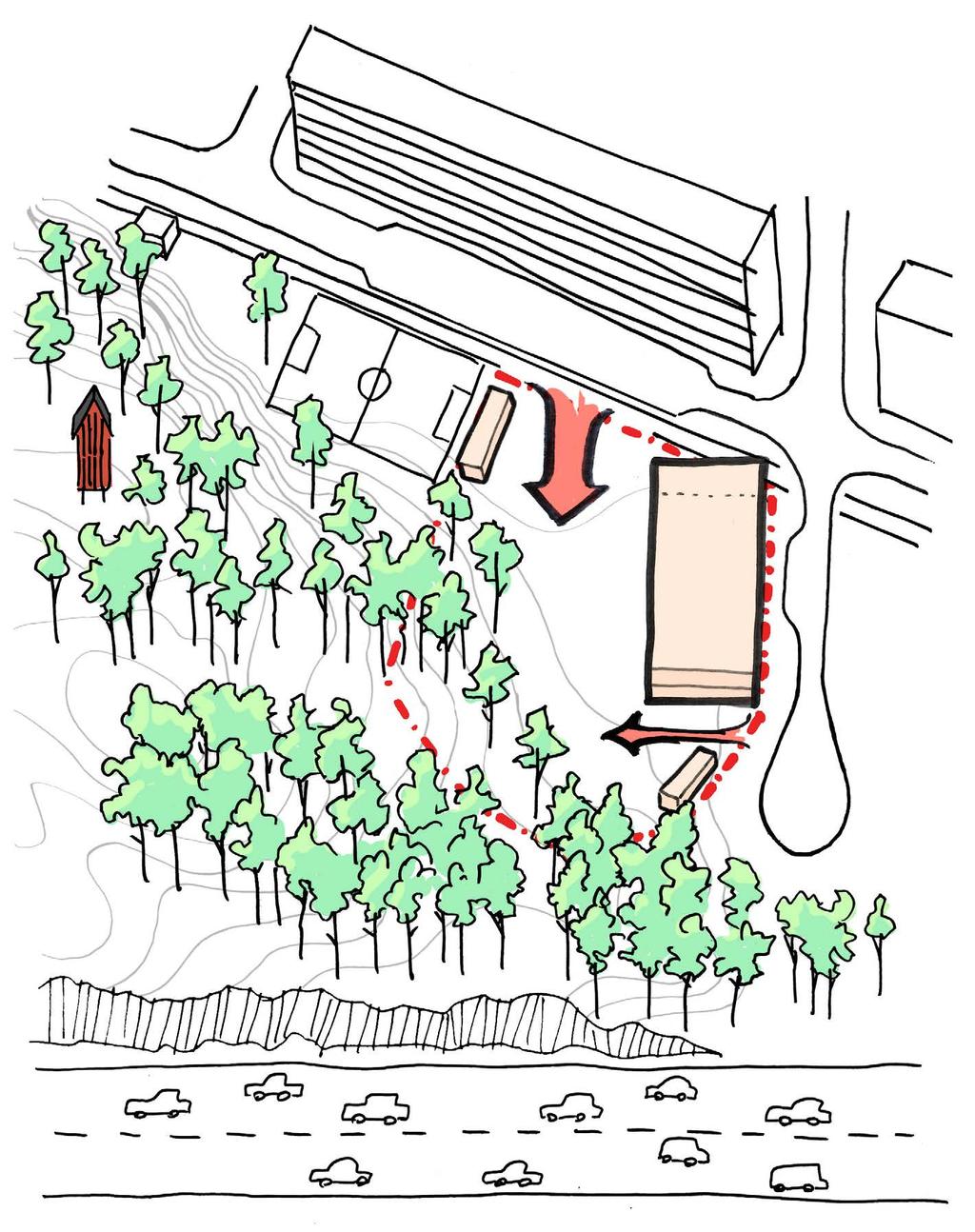 ALT 2 - PLACERING PÅ TOMTEN - Byggnad baserad på en enkel form - Byggnad placerad i hörnet - Bildar en rygg mot angöringsgata - Vänder sig mot väs och mot parken