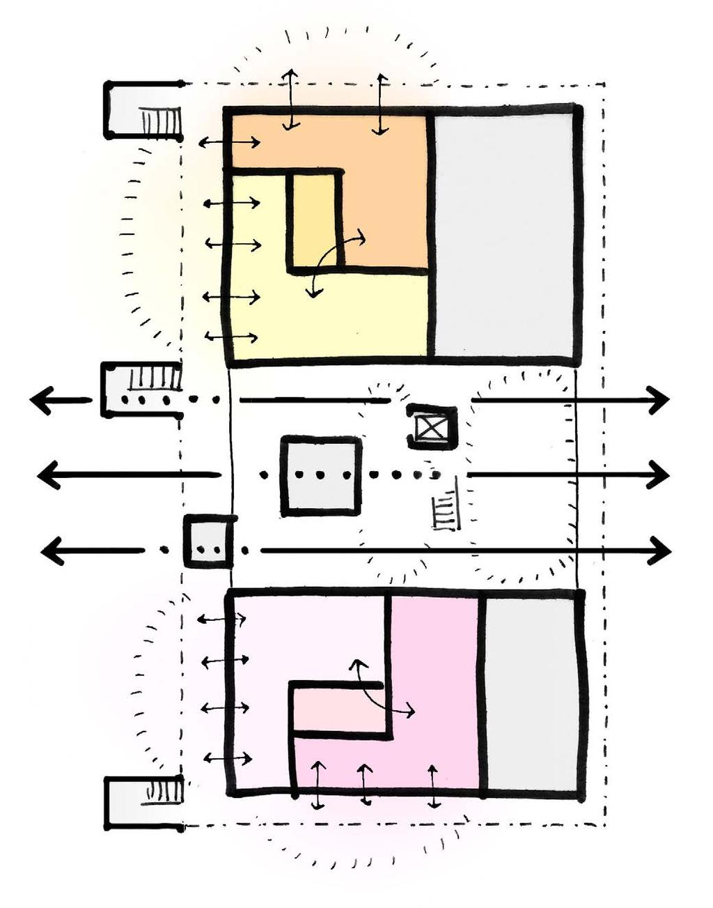 ALT 2 - ORGANISATION - Entré centralt i byggnaden - Avdelningar kopplas två och två, vänder sig mot väst - Angöring, teknik och kök mot öst - Sammanhängande