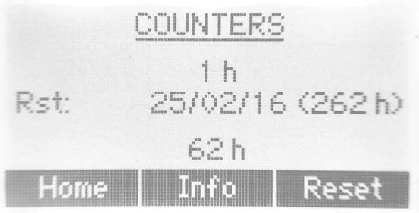Counters (Räknare) På den här skärmbilden visas timräknarna. Högst upp visas den nollställbara arbetsräknaren.