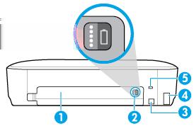 Baksida 1 Batterilucka 2 Batteristatusknapp: Tryck för att visa batteristatusen. Mer information finns i avsnittet Kontrollera batteristatus.