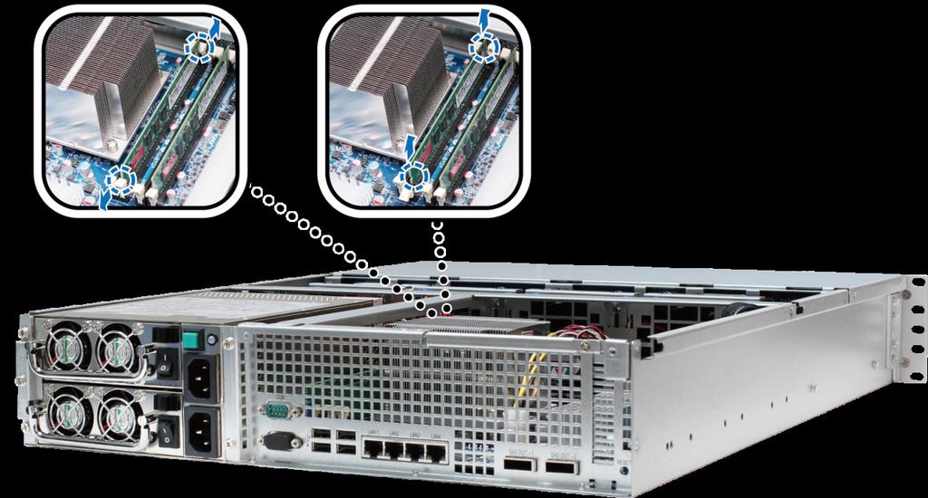 Ta bort RAM-modulen från RackStation 1 Följ steg 1 och 2 i på sidan för att avlägsna höljet från din RackStation.