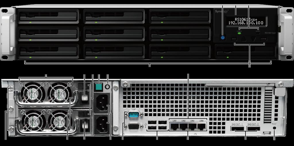 Synology RackStation, en översikt Nr. Artikelnamn Plats Beskrivning 1) Strömbrytare Framsida Tryck för att slå på och av RackStation.