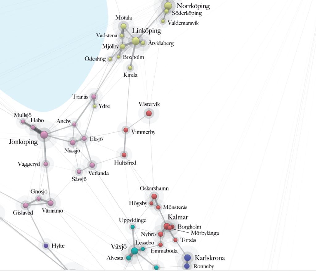 Kring Sveriges större städer kan vi också se att agglomerationer börjar formas, om än inte med samma massa som de kring storstäderna.