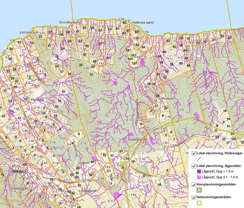 Eskilstuna kommun 40 (60) Karta 8. Lokal ytavrinning, flödesvägar och lågpunkter, uppgift från översiktsplan, ÖP 2030.
