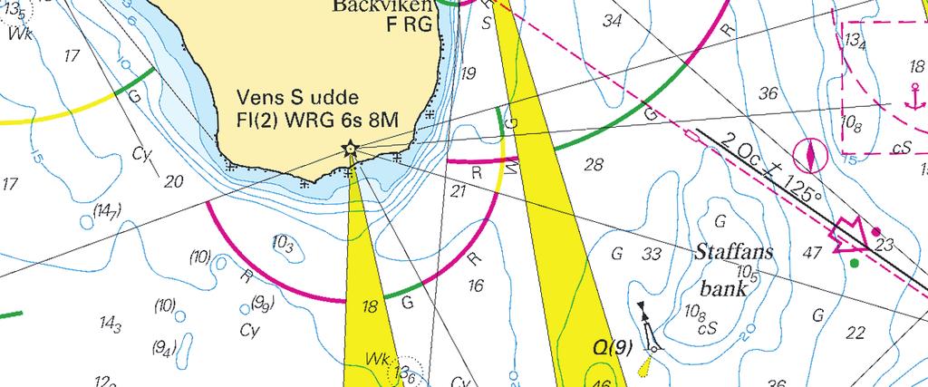 12 * 7401 Sjökort/Chart: 922 Sverige. Öresund. Ven. Fyren Vens S udde. Ändrad karaktär och lysvidd. Notiser som utgår: 2010:335/6913(T) Fyren Vens S udde har ny karaktär och visar nu Fl(2) WRG 6s 8M.