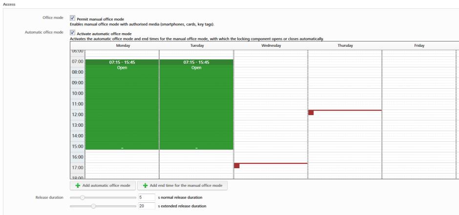 Figur 100: Automatiskt kontorsläge I det automatiska kontorsläget kan man specificera perioder och upplåsningstider då AirKey-enheten aktiveras eller avaktiveras automatiskt.