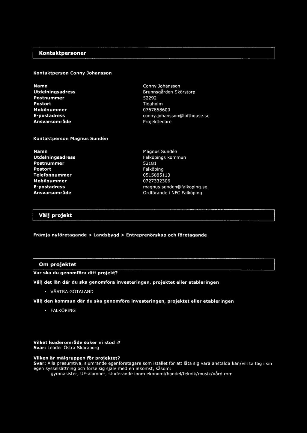se Projektledare Kontaktperson Magnus Sundén Namn Utdelningsadress Postnummer Postort Telefonnummer Mobilnummer E-postadress Ansvarsområde Magnus Sundén Falköpings kommun 52181 Falköping 0515885113