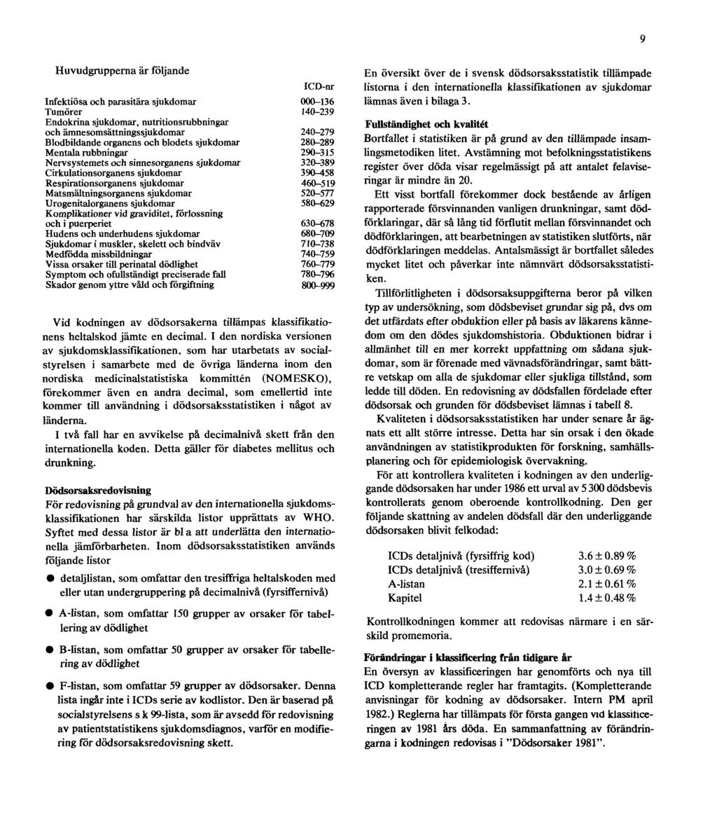 9 Huvudgrupperna är följande ICD-nr Infektiösa och parasitära sjukdomar 000-136 Tumörer 140-239 Endokrina sjukdomar, nutritionsrubbningar och ämnesomsättningssjukdomar 240-279 Blodbildande organens