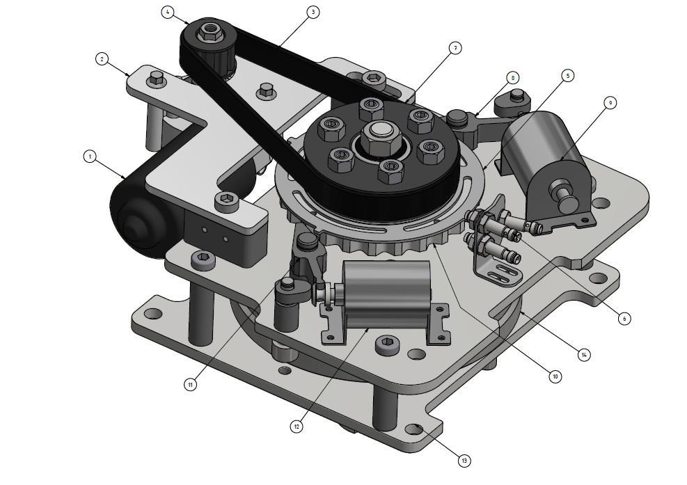 SEKTION: D - ELEKTROMEKANISM, sida 4/19 Detaljerad beskrivning av elektromekanismen Ritning 2: Elektromekanism. Nr. NAMN 1. Motor 2. Motorfäste 3. Drivrem 4. Motorns växlade svänghjul 5.