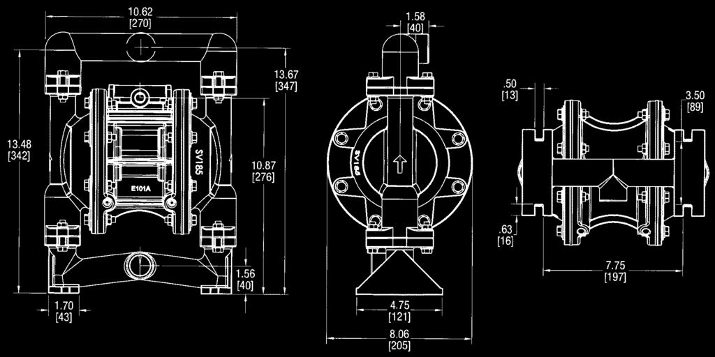 ........... 3,2 mm max. Leveransvikt......... Aluminium 14, kg Syrafast 19, kg Hastelloy C 19, kg 2 4 6 8 1 12 14 ANM.: För pump E1 utrustad med Teflonmembran reduceras pumpkapaciteten med ca 2 %.